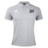 The Valley Panthers Girls Rugby Waimak Polo by Canterbury is a light gray short-sleeved rugby polo shirt with a collar, three-button placket, and two embroidered chest logos from EMB Canterbury.