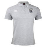 Introducing the South Orange County Raptors Waimak Polo by EMB Canterbury—a light grey men’s rugby polo featuring a classic collar and a three-button placket. The CCC Canterbury logo is embroidered on the right chest, while the striking South Orange County Raptors crest with a bird emblem adorns the left. This rugby polo combines sporty style with everyday comfort.