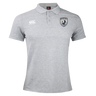 Introducing the South Orange County Raptors Waimak Polo by EMB Canterbury—a light grey men’s rugby polo featuring a classic collar and a three-button placket. The CCC Canterbury logo is embroidered on the right chest, while the striking South Orange County Raptors crest with a bird emblem adorns the left. This rugby polo combines sporty style with everyday comfort.