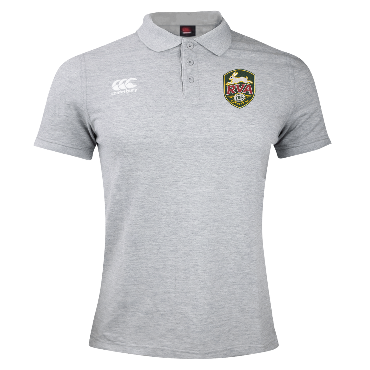 The RVA T.R.C. Waimak Polo by Canterbury, from EMB Canterbury, is a light gray men’s rugby shirt featuring the classic CCC Waimak Rugby Polo style. It has two logos on the chest: a white Canterbury logo on the right and a green and yellow RVA shield on the left, showcasing distinctive team detailing.
