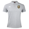 The RVA T.R.C. Waimak Polo by Canterbury, from EMB Canterbury, is a light gray men’s rugby shirt featuring the classic CCC Waimak Rugby Polo style. It has two logos on the chest: a white Canterbury logo on the right and a green and yellow RVA shield on the left, showcasing distinctive team detailing.