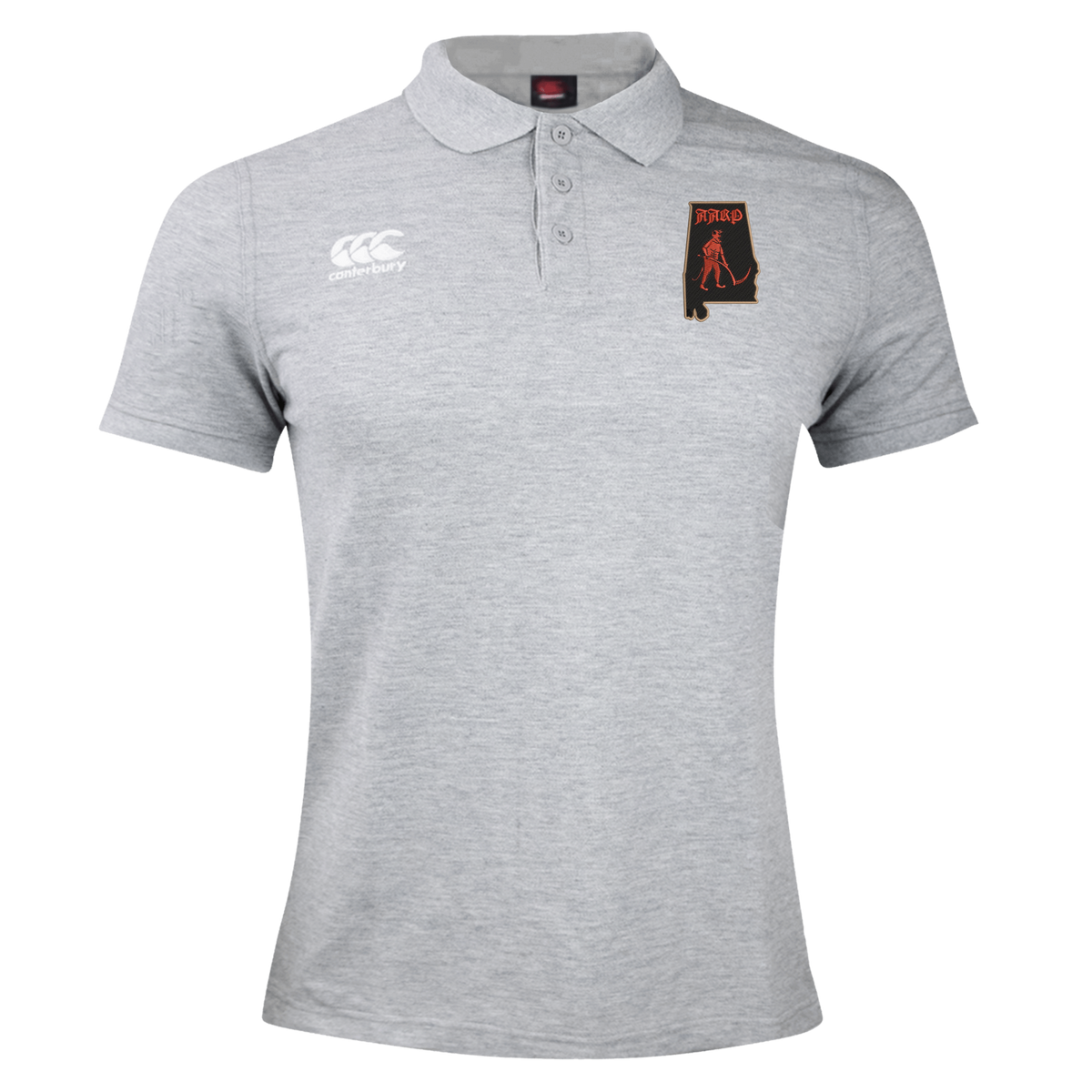 Grey Aging Alabama Rugby Players Waimak Polo by Canterbury featuring an Alabama state outline logo with a harpist silhouette.