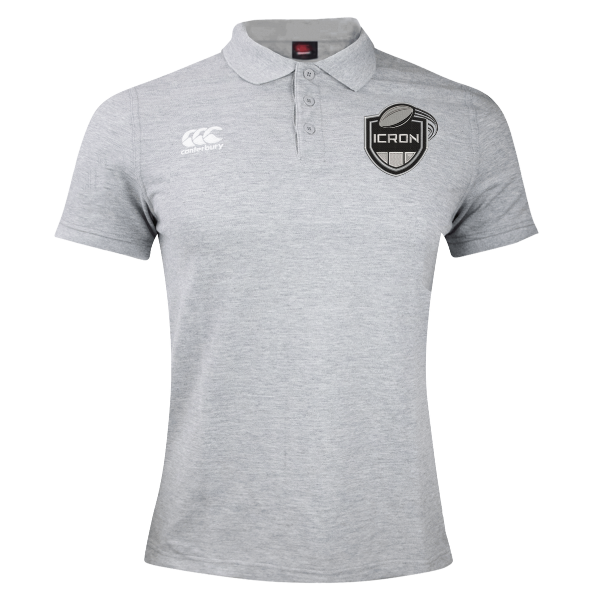 Grey ICRON Waimak Polo by Canterbury in a short-sleeved style with a button placket and a chest logo.