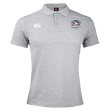 The SWFL Lady Hammerheads Waimak Polo by WRS Canterbury features a light grey design, three-button collar, white Canterbury logo on the right chest, and Hammerheads team logo on the left—ideal for fans and players.