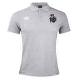 The Birmingham Iron Women's Football Waimak Polo by EMB Canterbury is light grey, featuring a Canterbury logo on the right chest and a black shield-shaped "RON" emblem with a red accent on the left chest.