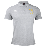 The Spartan Youth Rugby Waimak Polo by EMB Canterbury is a light grey short-sleeve polo with a collar, white Canterbury logo on the right chest, and a yellow-grey shield emblem on the left—ideal for rugby fans.