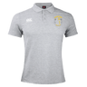The Spartan Youth Rugby Waimak Polo by EMB Canterbury is a light grey short-sleeve polo with a collar, white Canterbury logo on the right chest, and a yellow-grey shield emblem on the left—ideal for rugby fans.