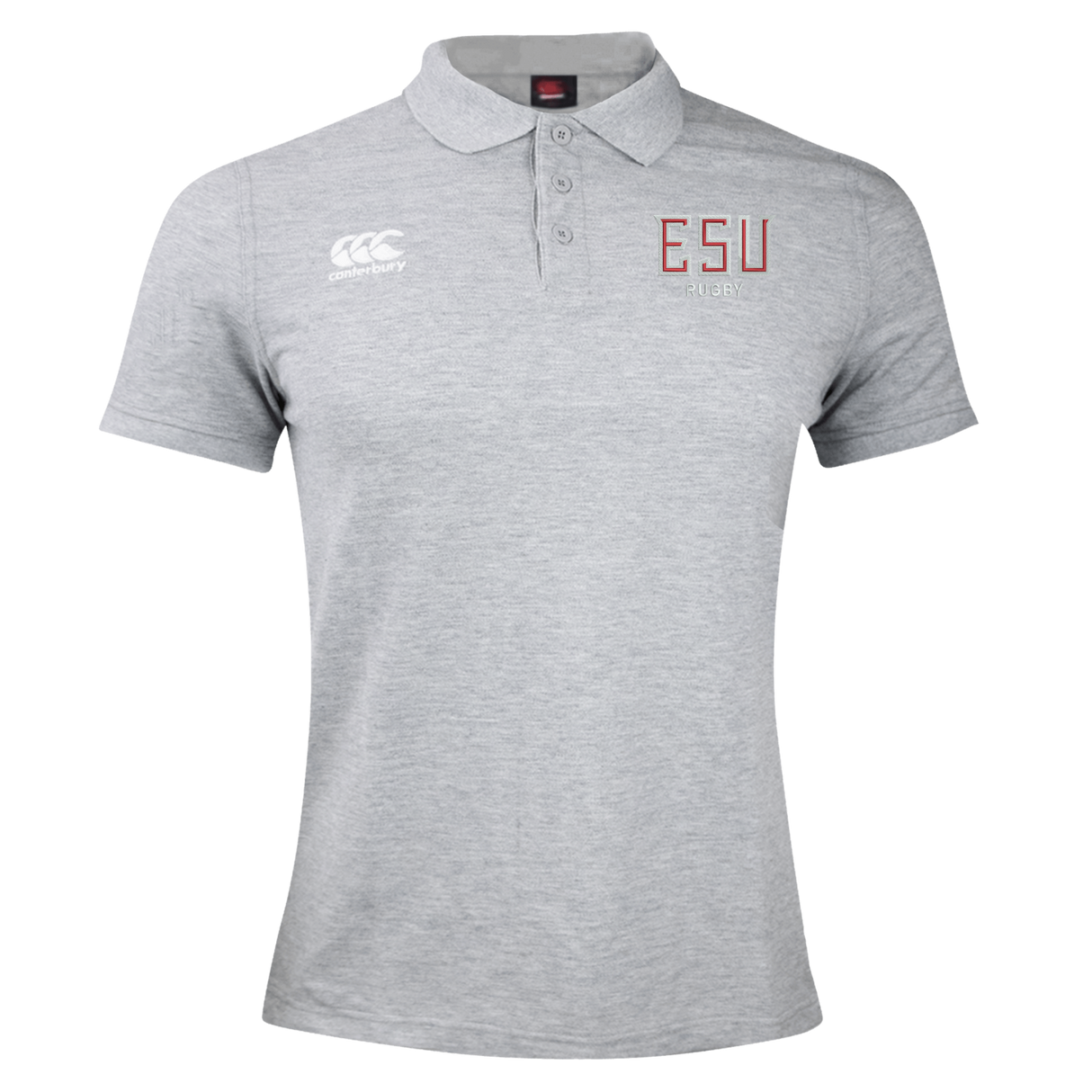 The East Stroudsburg University Waimak Polo by EMB Canterbury is a light grey men's rugby polo with a collar, three-button placket, and “ESU Rugby” plus the Canterbury logo on the chest—classic style from the CCC Waimak collection.