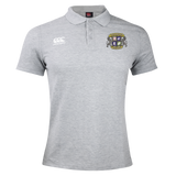 The Winchester Cannons Waimak Polo by EMB Canterbury is a light grey men's short-sleeve rugby shirt with a collar, button placket, and two chest logos, offering classic style on a plain background.