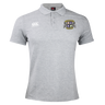 The Winchester Cannons Waimak Polo by EMB Canterbury is a light grey men's short-sleeve rugby shirt with a collar, button placket, and two chest logos, offering classic style on a plain background.