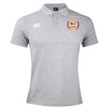 Light grey men's rugby shirt with short sleeves, a collar, and button placket. The Potomac Exiles Rugby Club Waimak Polo by EMB Canterbury features a white Canterbury logo on the right chest and a colorful embroidered Potomac Exiles crest on the left chest, capturing the timeless style of this Canterbury classic.