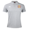 Light grey men's rugby shirt with short sleeves, a collar, and button placket. The Potomac Exiles Rugby Club Waimak Polo by EMB Canterbury features a white Canterbury logo on the right chest and a colorful embroidered Potomac Exiles crest on the left chest, capturing the timeless style of this Canterbury classic.