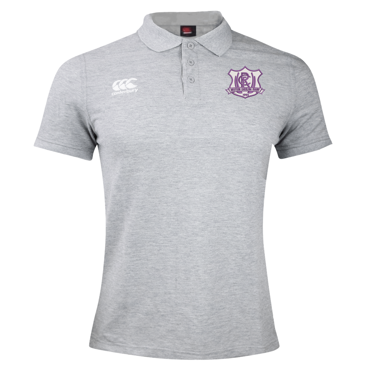 Grey Western Carolina University Waimak Polo by Canterbury with a three-button placket and a purple Western Carolina Rugby emblem on the chest.