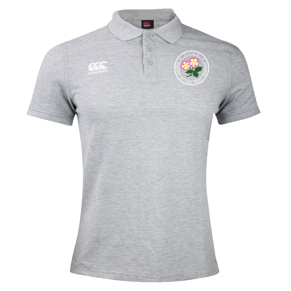 Introducing the Society of Iowa Rugby Referees Waimak Polo by EMB Canterbury—a light gray short-sleeve men’s rugby shirt featuring the Canterbury logo on the right chest and a floral badge on the left, this polo blends classic style with sport-inspired detailing.