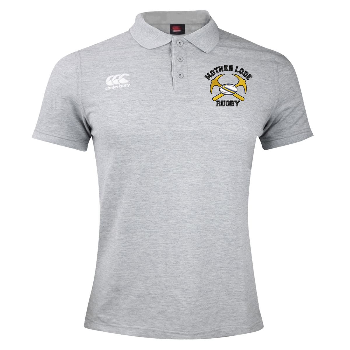 Grey Mother Lode Waimak Polo by Canterbury with a buttoned collar and a chest logo featuring crossed pickaxes, a rugby ball, and the text “Mother Lode Rugby.”