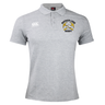 Grey Mother Lode Waimak Polo by Canterbury with a buttoned collar and a chest logo featuring crossed pickaxes, a rugby ball, and the text “Mother Lode Rugby.”