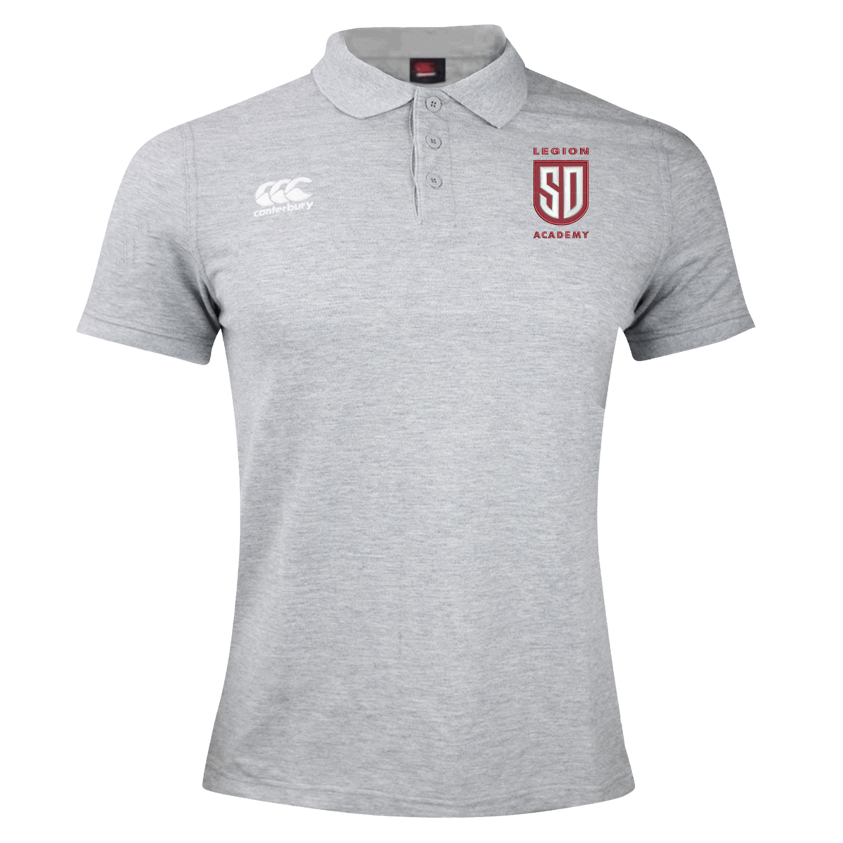 Grey Legion Academy Waimak Polo by Canterbury with a three-button placket, a white logo on the right chest, and a red “LEGION SD ACADEMY” shield emblem on the left chest.