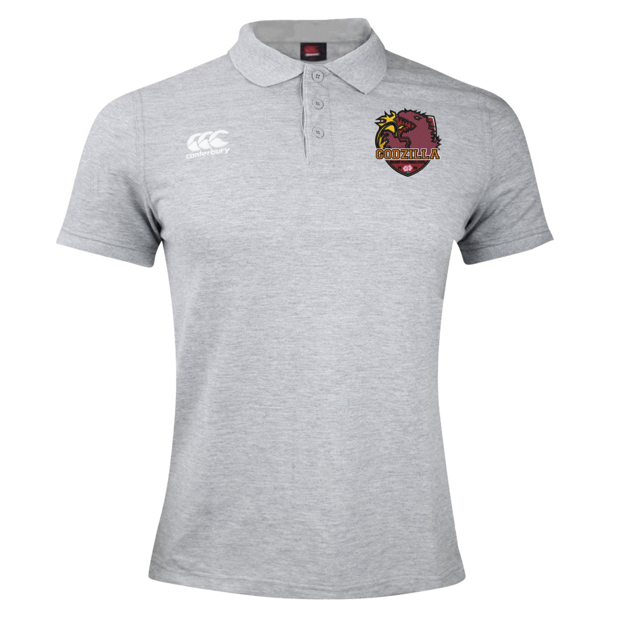 Light grey Godzilla Rugby Football Club Waimak Polo by EMB Canterbury featuring a classic collar, button placket, the Canterbury logo on the right chest, and a maroon and yellow Cougars crest on the left chest.