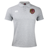 Light grey Godzilla Rugby Football Club Waimak Polo by EMB Canterbury featuring a classic collar, button placket, the Canterbury logo on the right chest, and a maroon and yellow Cougars crest on the left chest.