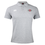 The Santa Rosa Youth Rugby Waimak Polo by EMB Canterbury is a light grey, short-sleeve rugby polo shirt featuring two white logos on the chest—one with a rose emblem and the other displaying “Canterbury.” This youth rugby polo includes a classic collar with three buttons, delivering both comfort and timeless style.