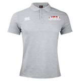 The USA Para Powerlifting Waimak Polo by EMB Canterbury is a light grey men’s rugby shirt with "USA Para Powerlifting" and a flag graphic on the right chest, plus a white Canterbury logo on the left. Classic Canterbury rugby polo inspired.