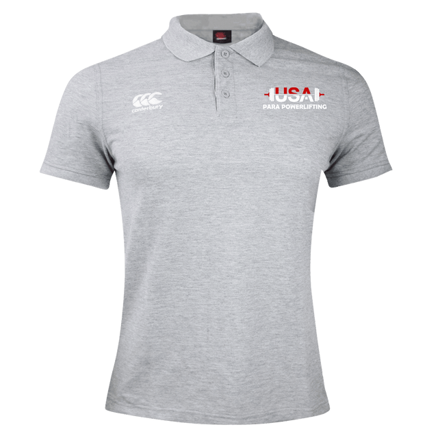 The USA Para Powerlifting Waimak Polo by EMB Canterbury is a light grey men’s rugby shirt with "USA Para Powerlifting" and a flag graphic on the right chest, plus a white Canterbury logo on the left. Classic Canterbury rugby polo inspired.