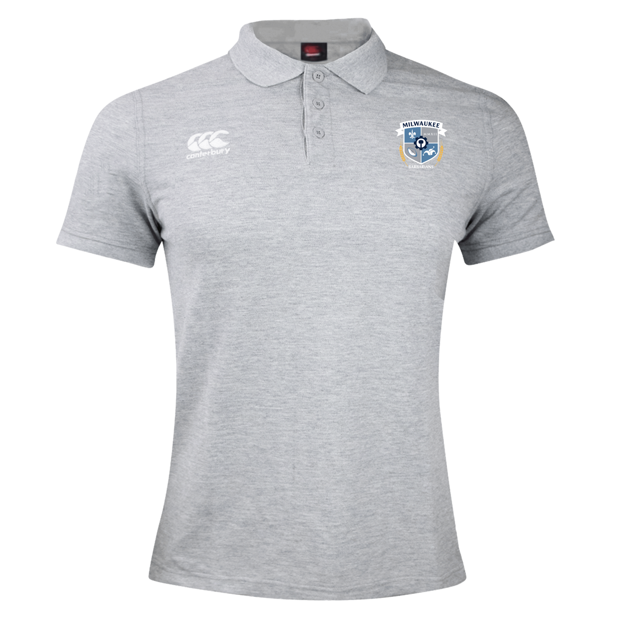 The Milwaukee Barbarians Rugby Waimak Polo by EMB Canterbury is a light gray collared polo featuring the CCC logo on the right chest and the Milwaukee Rugby crest on the left chest.