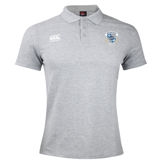 The Milwaukee Barbarians Rugby Waimak Polo by EMB Canterbury is a light gray collared polo featuring the CCC logo on the right chest and the Milwaukee Rugby crest on the left chest.