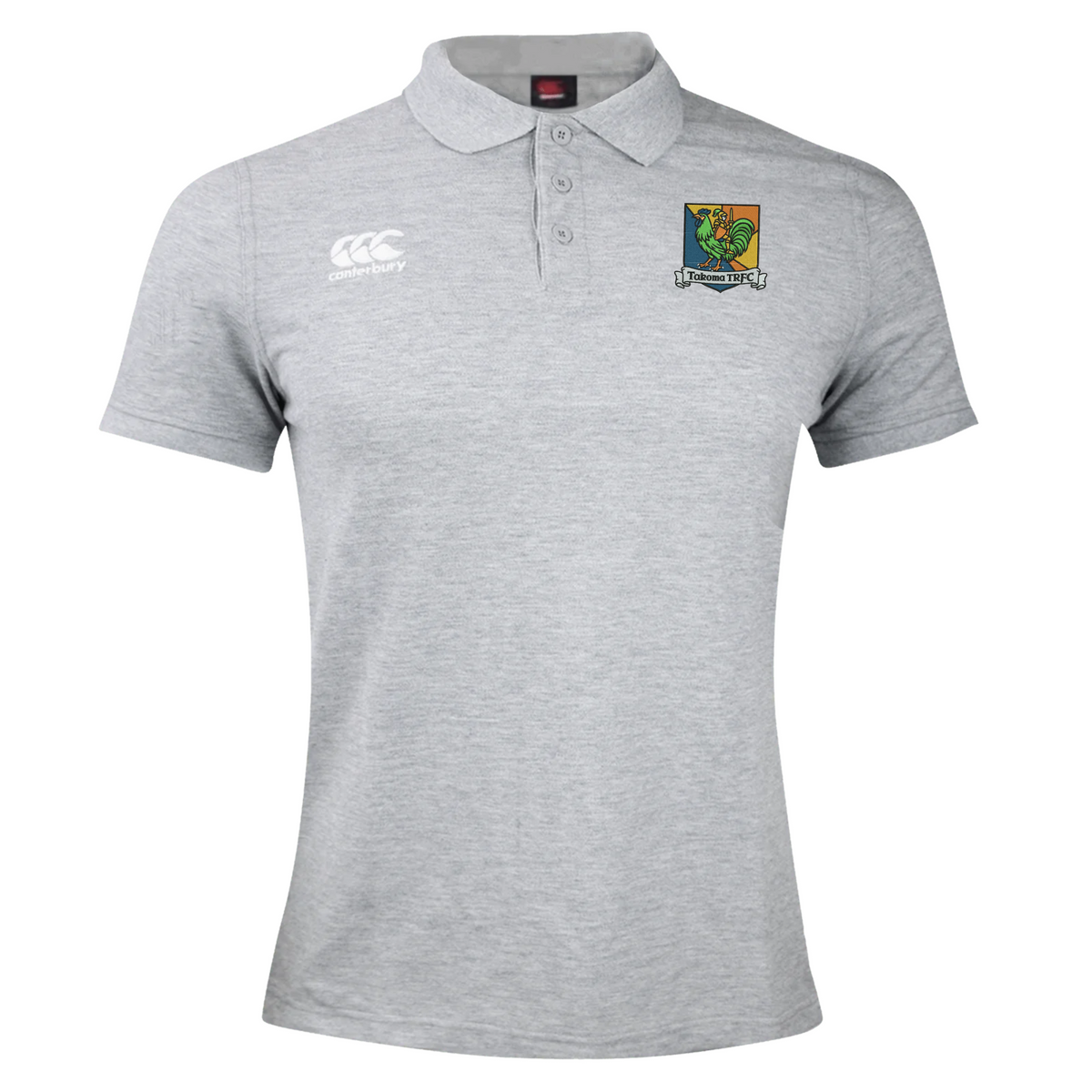 Grey Takoma Touch Rugby Waimak Polo by Canterbury featuring a three-button collar, a logo on the right chest, and a team crest on the left chest.