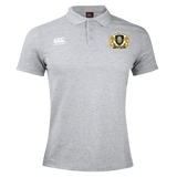 The Old Man Rivah Rugby Waimak Polo by EMB Canterbury is a light grey men's polo with short sleeves, a collar, left chest crest, and right white Canterbury logo—ideal for any Canterbury rugby fan.