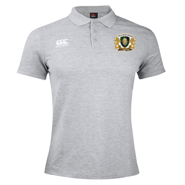 The Old Man Rivah Rugby Waimak Polo by EMB Canterbury is a light grey men's polo with short sleeves, a collar, left chest crest, and right white Canterbury logo—ideal for any Canterbury rugby fan.