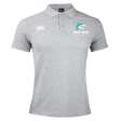 The NC Rugby Academy - Megalodons Waimak Polo by EMB Canterbury is a grey polo with buttons, featuring the Canterbury logo and Megalodons Rugby Academy logo—ideal for any rugby fan’s collection.
