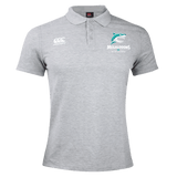 The NC Rugby Academy - Megalodons Waimak Polo by EMB Canterbury is a grey polo with buttons, featuring the Canterbury logo and Megalodons Rugby Academy logo—ideal for any rugby fan’s collection.