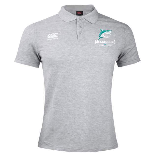 The NC Rugby Academy - Megalodons Waimak Polo by EMB Canterbury is a grey polo with buttons, featuring the Canterbury logo and Megalodons Rugby Academy logo—ideal for any rugby fan’s collection.