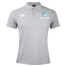 The NC Rugby Academy - Megalodons Waimak Polo by EMB Canterbury is a grey polo with buttons, featuring the Canterbury logo and Megalodons Rugby Academy logo—ideal for any rugby fan’s collection.