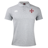 The SF CDME Rugby Waimak Polo by EMB Canterbury comes in light grey and showcases a classic collar with a three-button placket, embodying the iconic CCC Waimak Rugby Polo style. The EMB Canterbury logo is displayed on the right chest, while a striking red cross emblem adorns the left chest, making this men's rugby shirt both stylish and functional.