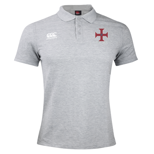 The SF CDME Rugby Waimak Polo by EMB Canterbury comes in light grey and showcases a classic collar with a three-button placket, embodying the iconic CCC Waimak Rugby Polo style. The EMB Canterbury logo is displayed on the right chest, while a striking red cross emblem adorns the left chest, making this men's rugby shirt both stylish and functional.