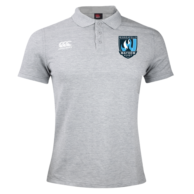 Introducing the Minneapolis Mayhem Rugby Waimak Polo by EMB Canterbury—a light grey men’s rugby polo showcasing the classic “Canterbury” logo on the right chest and the distinctive “Minneapolis Mayhem Rugby” crest on the left. This polo blends timeless style and comfort, making it perfect for game days or casual wear.