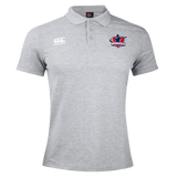 The Nebraska Rugby Referee Society Waimak Polo by EMB Canterbury features a light gray design with a white CCC logo on the right chest and a red, blue, and white Nebraska Rugby emblem on the left—a must-have men's rugby shirt.