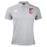The Montgomery Bucks Griffins Waimak Polo by EMB Canterbury features a light grey design, white Canterbury logo on the right chest, and a maroon lion crest with "MERU" text on the left—classic men's style for casual or sporty looks.