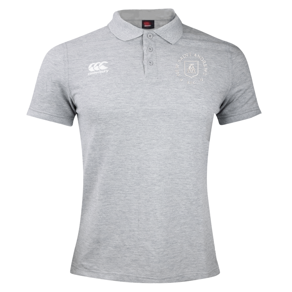 Introducing the New Saint Andrews College Waimak Polo by EMB Canterbury: a light grey men’s short-sleeve rugby polo featuring two chest logos—the signature Canterbury logo on the right and a circular New Saint Andrews College emblem on the left. This classic polo blends comfort, timeless Canterbury style, and college heritage, making it ideal for casual wear or showing your support for the team.