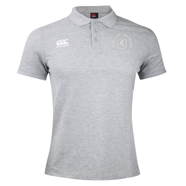 Introducing the New Saint Andrews College Waimak Polo by EMB Canterbury: a light grey men’s short-sleeve rugby polo featuring two chest logos—the signature Canterbury logo on the right and a circular New Saint Andrews College emblem on the left. This classic polo blends comfort, timeless Canterbury style, and college heritage, making it ideal for casual wear or showing your support for the team.