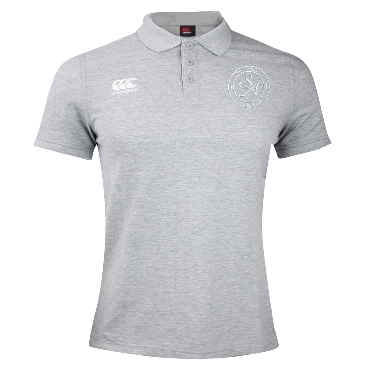 The Saint Anselm College Club Rugby Waimak Polo by EMB Canterbury is a light grey short-sleeve collared polo featuring a button placket, small left chest logo, and "Canterbury" branding on the right chest.