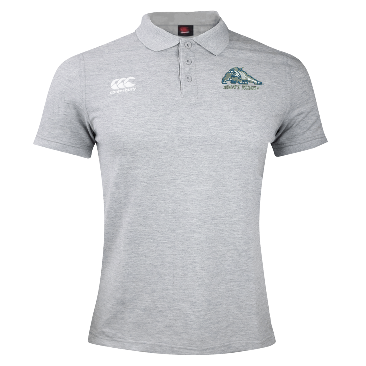 Gray short-sleeved University of New Hampshire Waimak Polo by Canterbury with a button placket, logo on the right chest, and a “MEN’S RUGBY” wildcat graphic on the left chest.