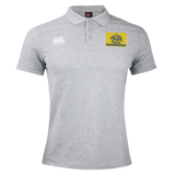 Grey Berkeley RFC Waimak Polo by Canterbury with a button placket, brand logo on the right chest, and a rectangular patch on the left chest featuring a bear icon and “Berkeley RFC est. 2004” text.
