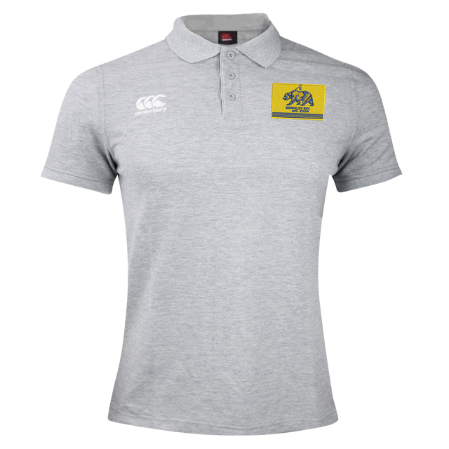 Grey Berkeley RFC Waimak Polo by Canterbury with a button placket, brand logo on the right chest, and a rectangular patch on the left chest featuring a bear icon and “Berkeley RFC est. 2004” text.