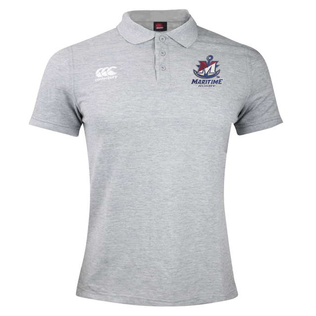 Grey SUNY Maritime Men’s Rugby Waimak Polo by Canterbury with a three-button placket, a brand logo on the right chest, and a Maritime Rugby emblem on the left chest.