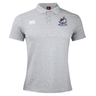 Grey SUNY Maritime Men’s Rugby Waimak Polo by Canterbury with a three-button placket, a brand logo on the right chest, and a Maritime Rugby emblem on the left chest.