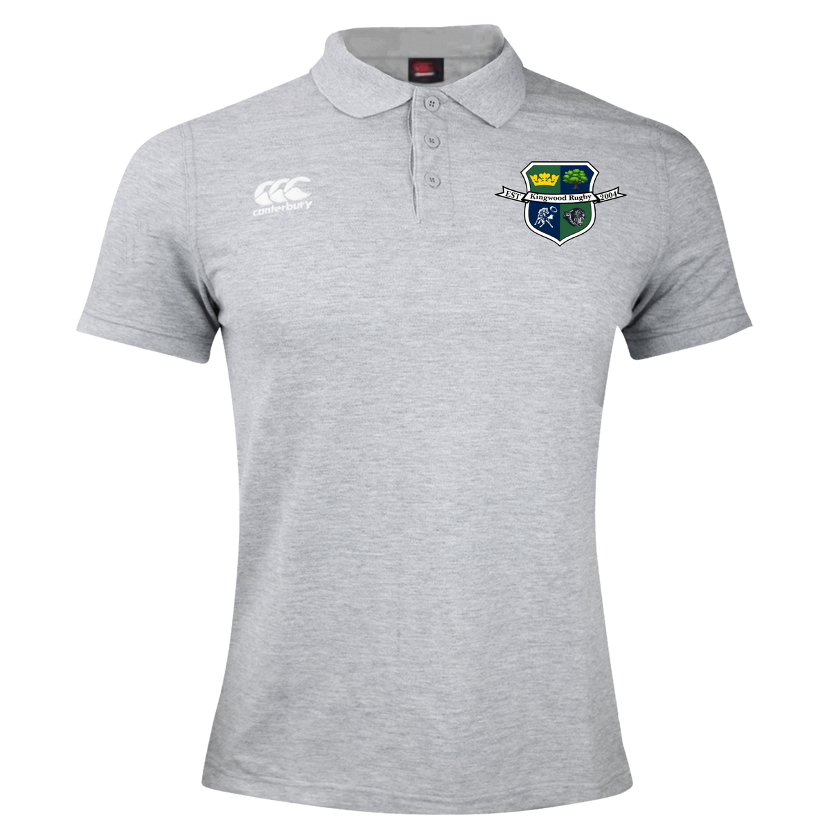 The Kingwood Rugby Waimak Polo by EMB Canterbury is a light grey short-sleeved shirt featuring a stylish crest on the left chest.