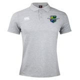 The Kingwood Rugby Waimak Polo by EMB Canterbury is a light grey short-sleeved shirt featuring a stylish crest on the left chest.
